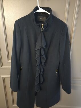 Tahari Black Ruffle-Front Trench Coat